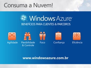 BENEFÍCIOS PARA CLIENTES & PARCEIROS




Agilidade   Flexibilidade   Foco   Confiança       Eficiência
             & Controle




             www.windowsazure.com.br
 