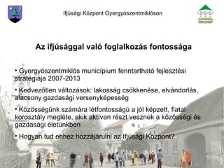 Ifjúsági Központ Gyergyószentmiklóson <ul><li>Az ifjúsággal való foglalkozás fontossága </li></ul><ul><li>Gyergyószentmikl...