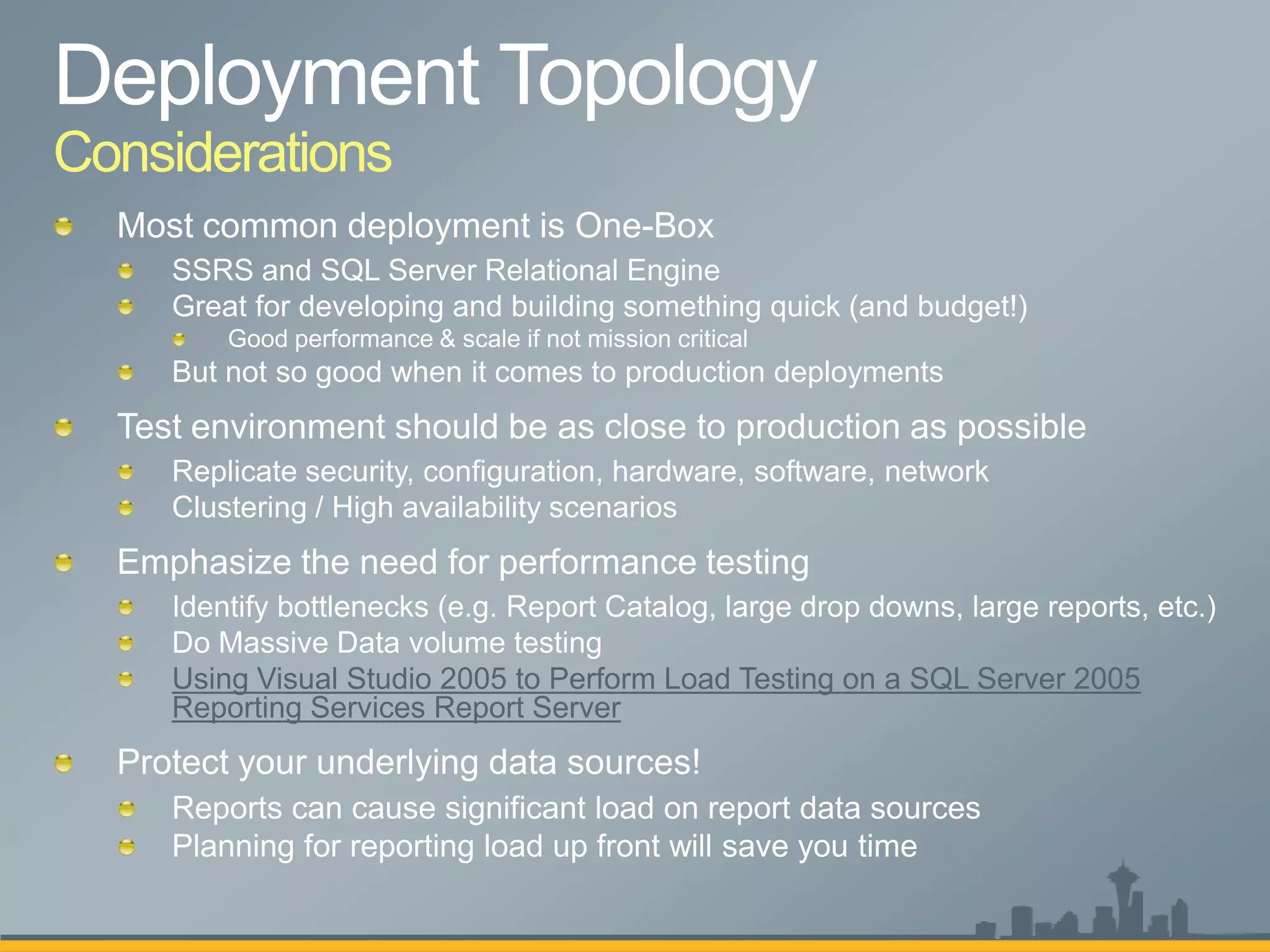 Considerations




    Using Visual Studio 2005 to Perform Load Testing on a SQL Server 2005
    Reporting Services Report Server
 
