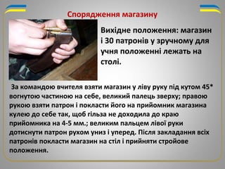 Спорядження магазину
Вихідне положення: магазин
і 30 патронів у зручному для
учня положенні лежать на
столі.
За командою вчителя взяти магазин у ліву руку під кутом 45*
вогнутою частиною на себе, великий палець зверху; правою
рукою взяти патрон і покласти його на прийомник магазина
кулею до себе так, щоб гільза не доходила до краю
прийомника на 4-5 мм.; великим пальцем лівої руки
дотиснути патрон рухом униз і уперед. Після закладання всіх
патронів покласти магазин на стіл і прийняти стройове
положення.
 
