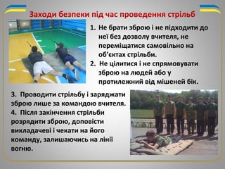 Заходи безпеки під час проведення стрільб
1. Не брати зброю і не підходити до
неї без дозволу вчителя, не
переміщатися самовільно на
об’єктах стрільби.
2. Не цілитися і не спрямовувати
зброю на людей або у
протилежний від мішеней бік.
3. Проводити стрільбу і заряджати
зброю лише за командою вчителя.
4. Після закінчення стрільби
розрядити зброю, доповісти
викладачеві і чекати на його
команду, залишаючись на лінії
вогню.
 