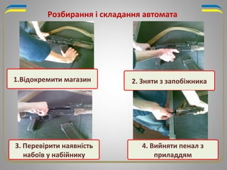 1.Відокремити магазин
4. Вийняти пенал з
приладдям
3. Перевірити наявність
набоїв у набійнику
2. Зняти з запобіжника
Розбирання і складання автомата
 