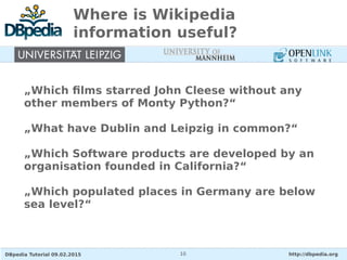 DBpedia Tutorial 09.02.2015 http://dbpedia.org10
Where is Wikipedia
information useful?
„Which films starred John Cleese without any
other members of Monty Python?“
„What have Dublin and Leipzig in common?“ 
„Which Software products are developed by an
organisation founded in California?“
„Which populated places in Germany are below
sea level?“
 