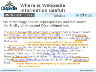 DBpedia Tutorial 09.02.2015 http://dbpedia.org11
Where is Wikipedia
information useful?
●
as terminology and concept repository and fact source
for Entity Linking and Disambiguation:
The series follows the adventures of a space-faring crew on board
the starship USS Enterprise (NCC-1701-D), the fifth Federation
vessel to bear the name and registry and the seventh starship by
that name
The Enterprise is commanded by Captain Jean-Luc Picard and is
staffed by first officer Commander William Riker, operations
manager Data, security chief Tasha Yar, ship's counselor
Deanna Troi, chief medical officer Dr. Beverly Crusher, conn
officer Lieutenant Geordi La Forge, and junior officer Lieutenant
Worf.
⇒ no company, no aircraft carrier, no satellite
⇒ correlate the mentionings and concept starship
⇒ Star Trek rank, contemporary or past military or
law enforcement
 