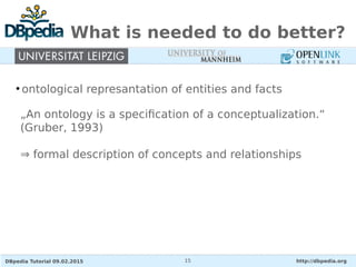 DBpedia Tutorial 09.02.2015 http://dbpedia.org15
What is needed to do better?
●
ontological represantation of entities and facts
„An ontology is a specification of a conceptualization.“
(Gruber, 1993)
⇒ formal description of concepts and relationships
 