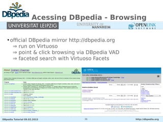 DBpedia Tutorial 09.02.2015 http://dbpedia.org36
Acessing DBpedia - Browsing
●
official DBpedia mirror http://dbpedia.org
⇒ run on Virtuoso
⇒ point & click browsing via DBpedia VAD
⇒ faceted search with Virtuoso Facets
 