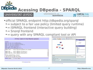 DBpedia Tutorial 09.02.2015 http://dbpedia.org37
Acessing DBpedia - SPARQL
●
official SPARQL endpoint http://dbpedia.org/sparql
●
⇒ subject to a fair use policy (limited query runtime)
●
⇒ iSPARQL frontend (interactive query building)
●
⇒ Snorql frontend
●
⇒ query with any SPARQL compliant tool or API
 