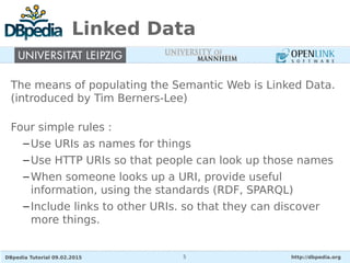 DBpedia Tutorial 09.02.2015 http://dbpedia.org5
Linked Data
The means of populating the Semantic Web is Linked Data.
(introduced by Tim Berners-Lee)
Four simple rules :
–Use URIs as names for things
–Use HTTP URIs so that people can look up those names
–When someone looks up a URI, provide useful
information, using the standards (RDF, SPARQL)
–Include links to other URIs. so that they can discover
more things.
 