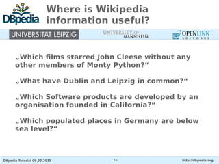 DBpedia Tutorial 09.02.2015 http://dbpedia.org10
Where is Wikipedia
information useful?
„Which films starred John Cleese w...