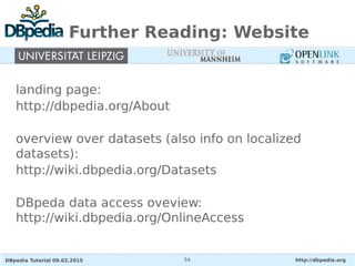 DBpedia Tutorial 09.02.2015 http://dbpedia.org55
Further Reading: Publications
2007
T: DBpedia: A Nucleus for a Web of Ope...