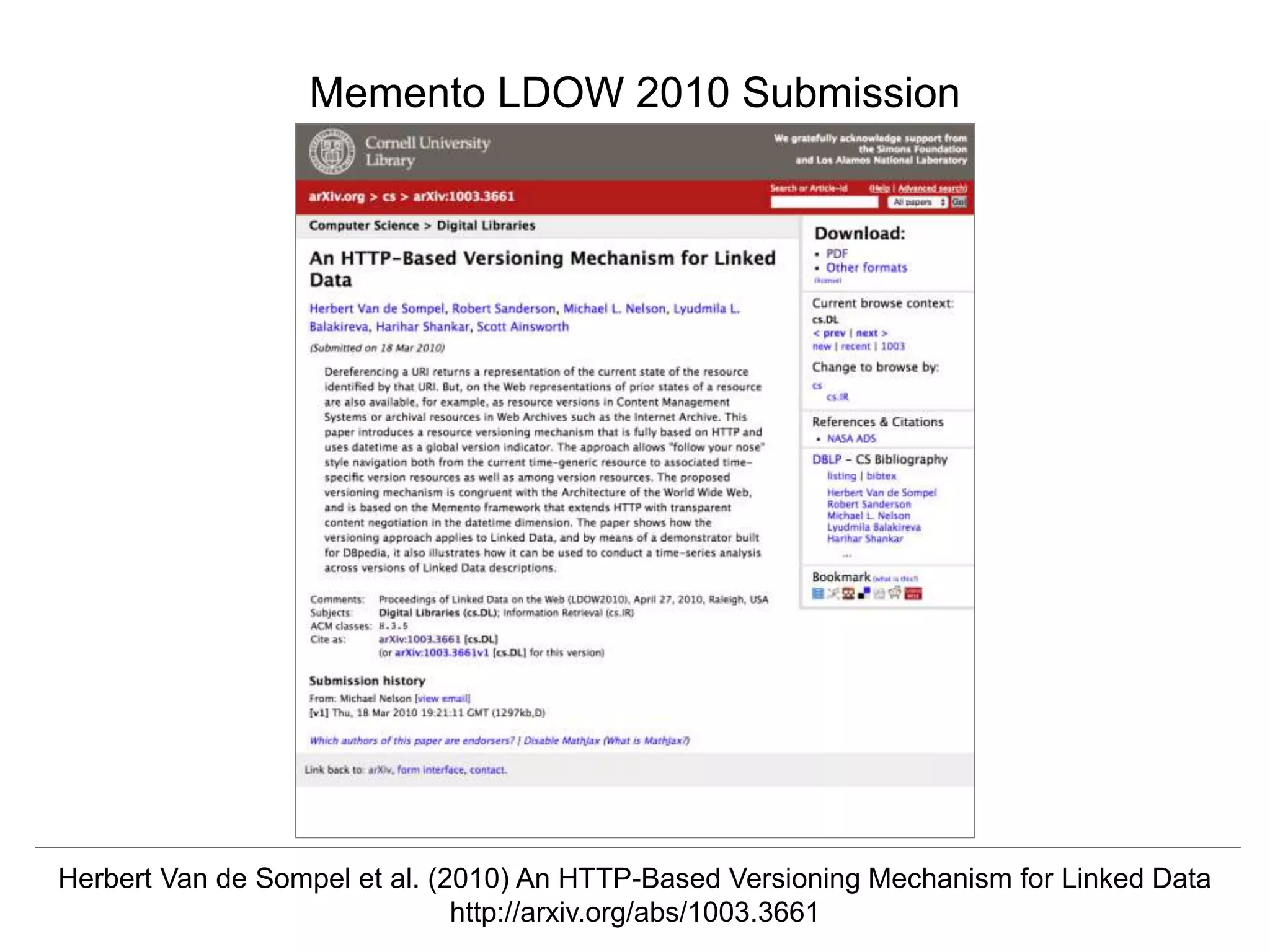 Herbert Van de Sompel & Miel Vander Sande
CNI Spring Meeting, San Antonio, TX, April 5 2016
Memento LDOW 2010 Submission
Herbert Van de Sompel et al. (2010) An HTTP-Based Versioning Mechanism for Linked Data
http://arxiv.org/abs/1003.3661
 