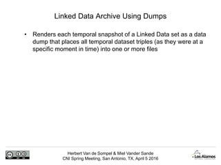 Herbert Van de Sompel & Miel Vander Sande
CNI Spring Meeting, San Antonio, TX, April 5 2016
Linked Data Archive Using Dump...