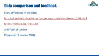 Data comparison and feedback
Show differences in the data:
http://downloads.dbpedia.org/temporary/crosswikifact/results/q84.html
http://wikidata.org/wiki/Q84
areaTotal of London
Population of London P1082
 
