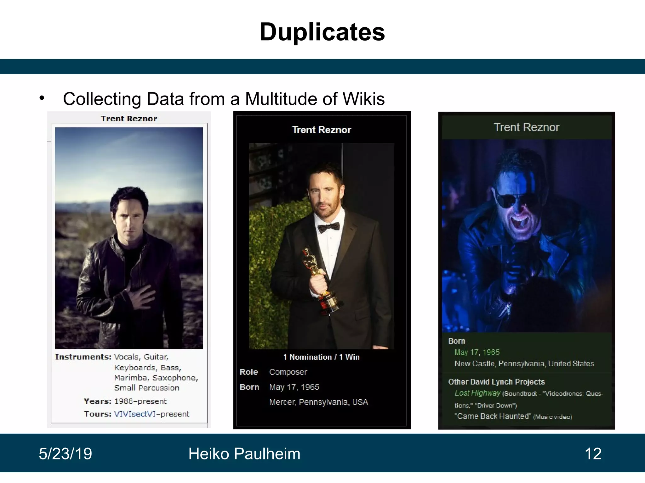 5/23/19 Heiko Paulheim 12
Duplicates
• Collecting Data from a Multitude of Wikis
 