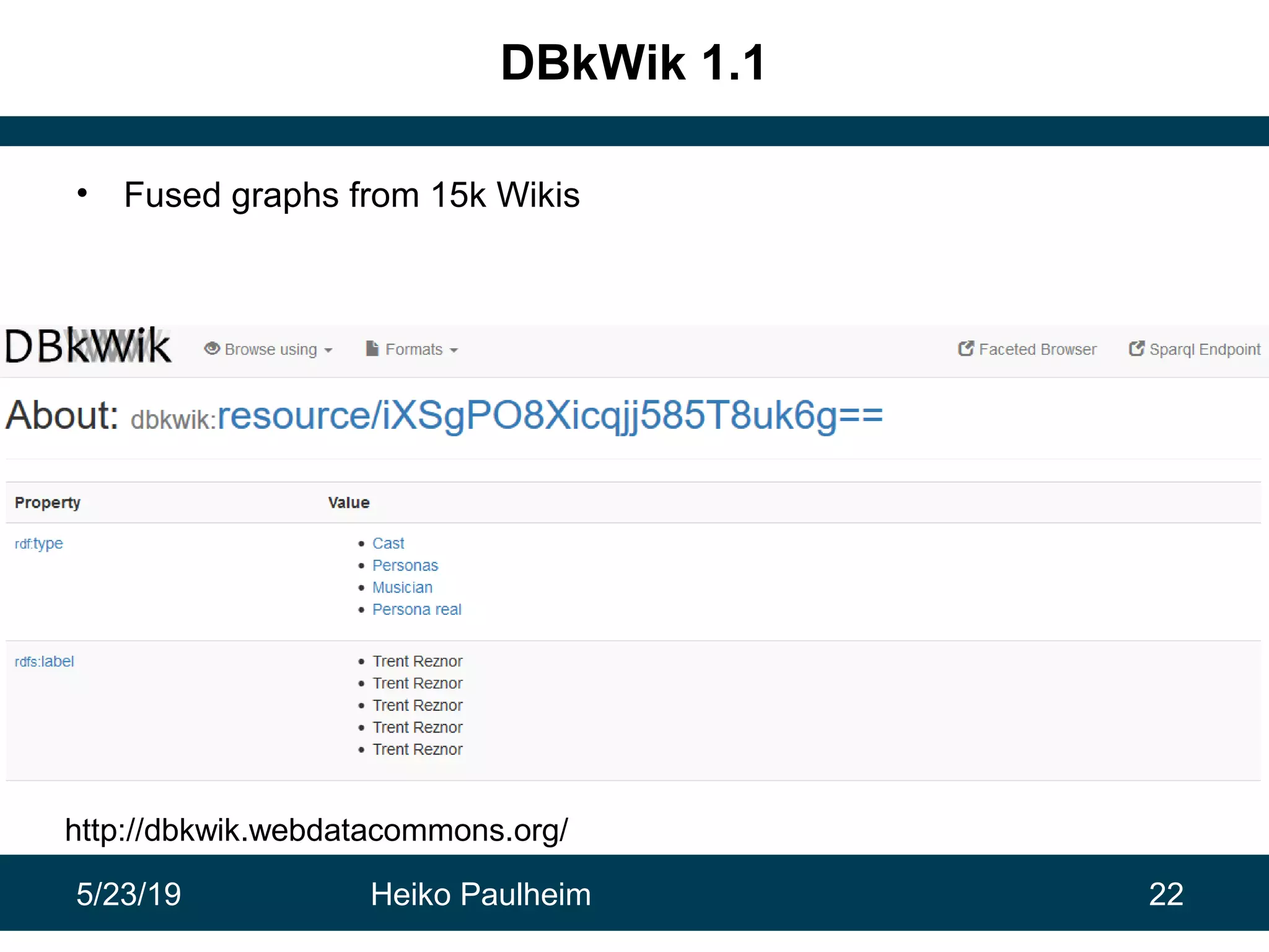 5/23/19 Heiko Paulheim 22
DBkWik 1.1
• Fused graphs from 15k Wikis
http://dbkwik.webdatacommons.org/
 