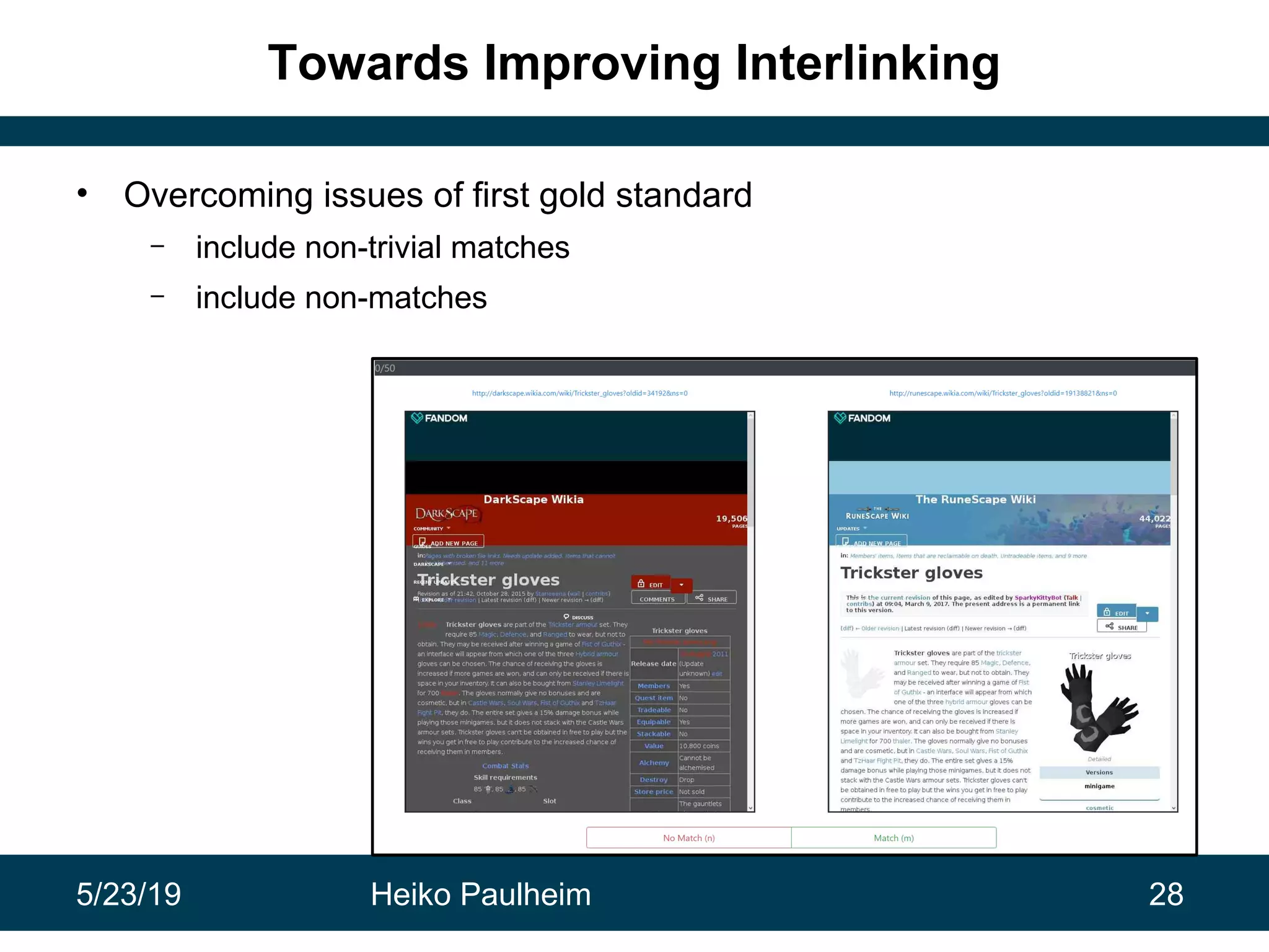 5/23/19 Heiko Paulheim 28
Towards Improving Interlinking
• Overcoming issues of first gold standard
– include non-trivial matches
– include non-matches
 