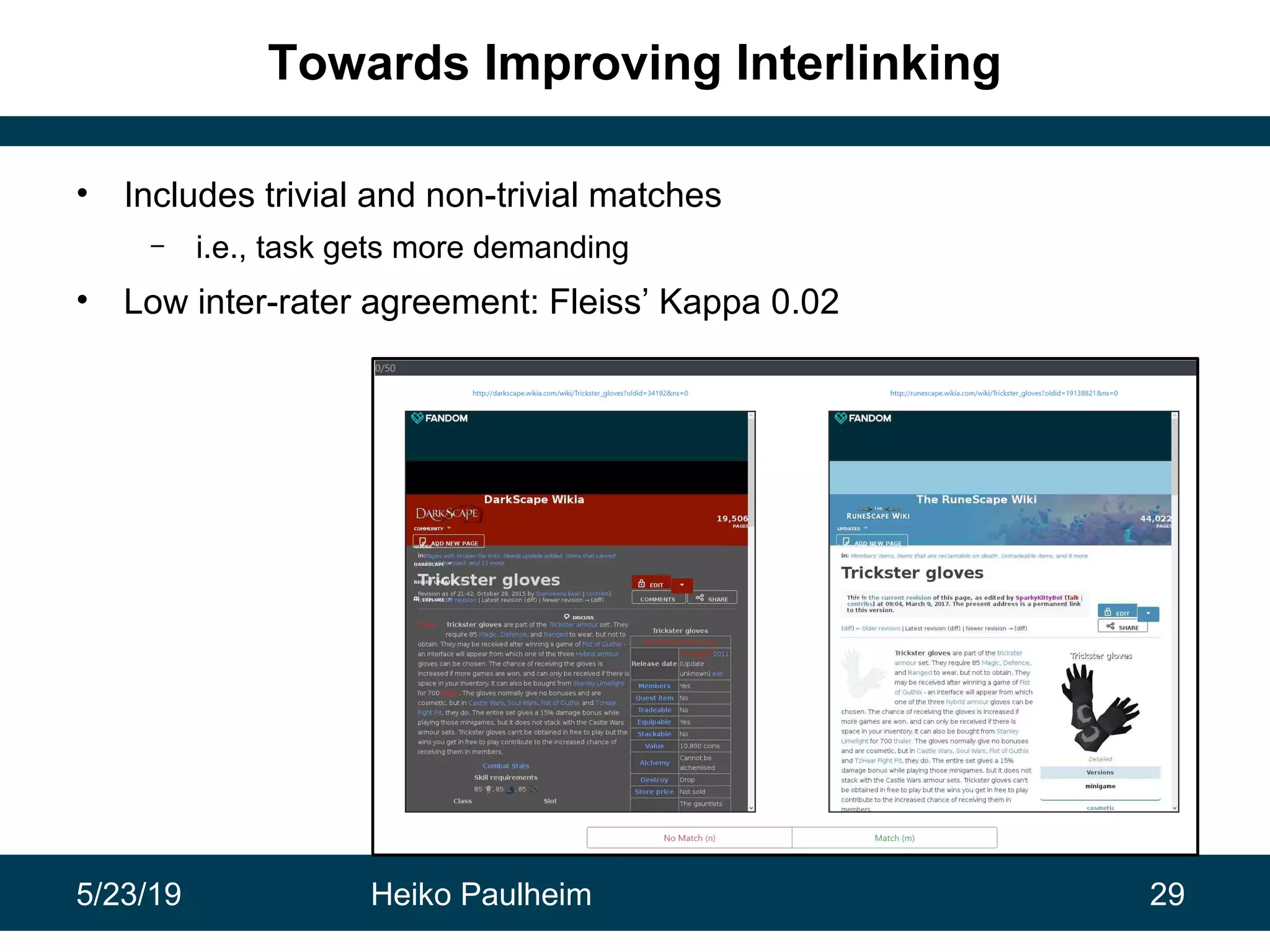 5/23/19 Heiko Paulheim 29
Towards Improving Interlinking
• Includes trivial and non-trivial matches
– i.e., task gets more demanding
• Low inter-rater agreement: Fleiss’ Kappa 0.02
 