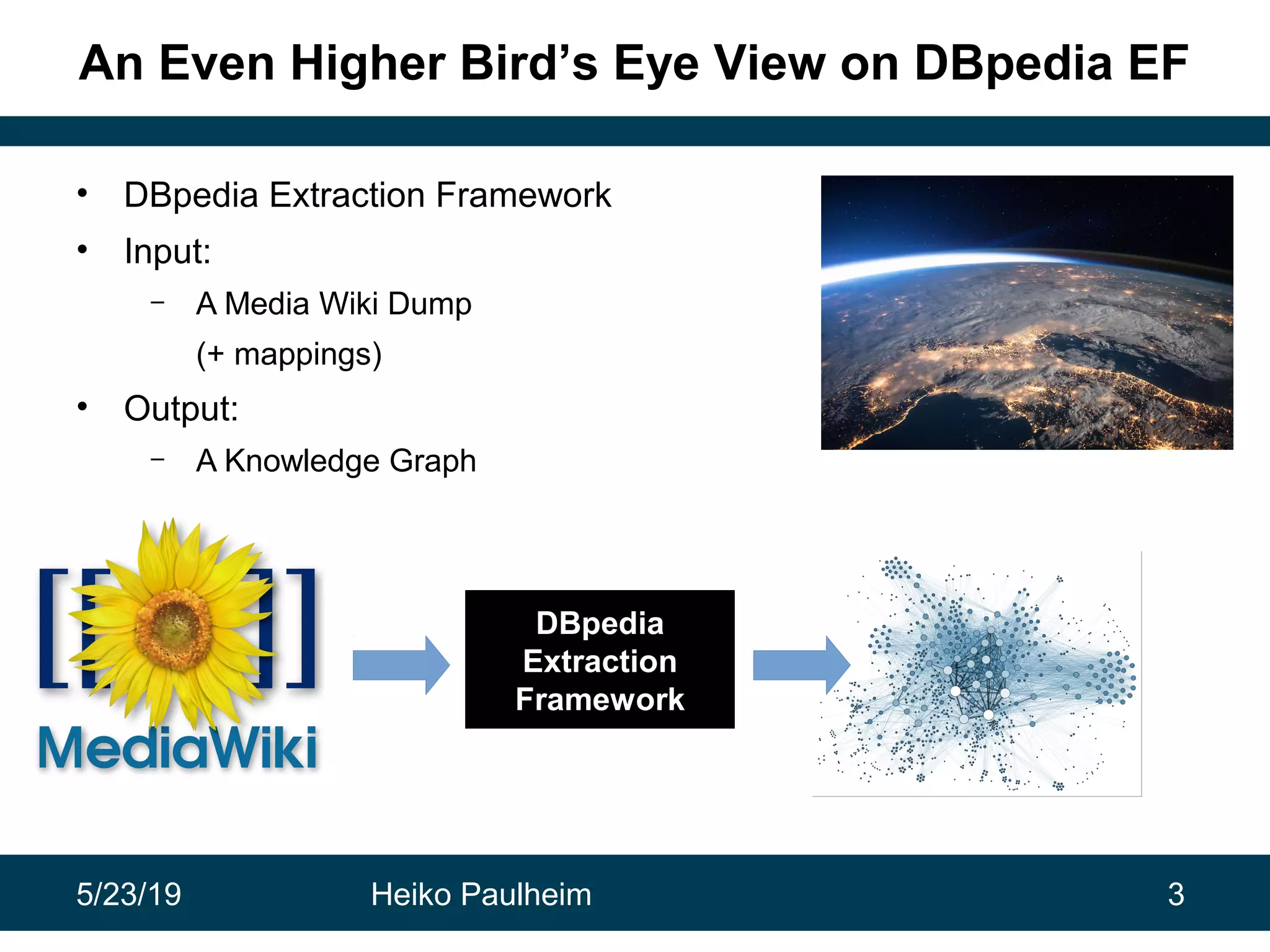 5/23/19 Heiko Paulheim 3
An Even Higher Bird’s Eye View on DBpedia EF
• DBpedia Extraction Framework
• Input:
– A Media Wiki Dump
(+ mappings)
• Output:
– A Knowledge Graph
DBpedia
Extraction
Framework
 