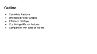 Outline
● Candidate Retrieval
● Undirected Factor Graphs
● Inference Strategy
● Combining different features
● Comparison with state-of-the-art
 
