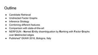 Outline
● Candidate Retrieval
● Undirected Factor Graphs
● Inference Strategy
● Combining different features
● Comparison with state-of-the-art
● NERFGUN - Named Entity disambiguation by Ranking with Factor Graphs
over Undirected edges
● Published* EKAW 2016, Bologna, Italy
 
