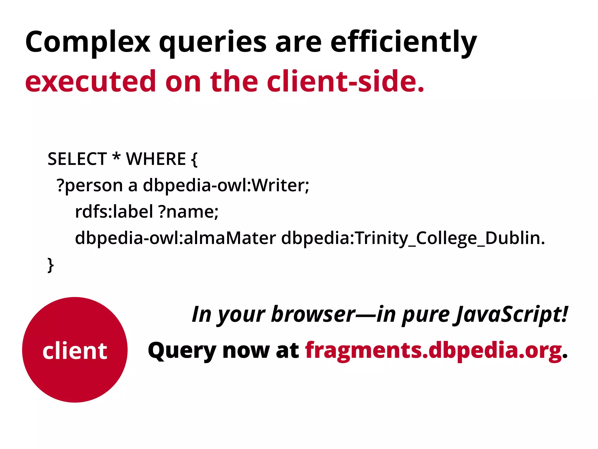 Complex queries are efficiently 
executed on the client-side.
client
SELECT * WHERE {
?person a dbpedia-owl:Writer;
rdfs:label ?name;
dbpedia-owl:almaMater dbpedia:Trinity_College_Dublin.
}
Query now at fragments.dbpedia.org.
In your browser—in pure JavaScript!
 