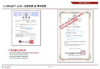 iTPLEX™ DBPlex 소개서


1, iTPLEX™ 소개 – 인증현황 및 특허현황




   ※ 특허출원 진행사항
   - 실시간 데이터 파일 백업 시스템 및 방법 – 등록 완료 2009.06.30
    (iTPLEX™ SyncPlex 및 MultiPlex 핵심기술)

   - 실시간 데이터 파일 백업 시스템 및 방법
    (iTPLEX™ File & eMail Archive 핵심기술)




                                                 5 페이지
 
