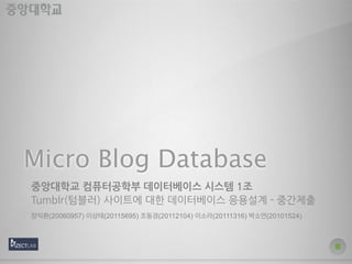 Micro Blog Database
중앙대학교 컴퓨터공학부 데이터베이스 시스템 1조 
Tumblr(텀블러) 사이트에 대한 데이터베이스 응용설계 - 중간제출
장익환(20060957) 이상태(20115695) 조동경(20112104) 이소라(20111316) 박소연(20101524)
 
