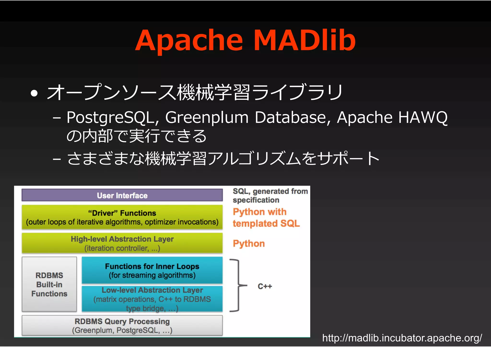 Apache MADlib
• オープンソース機械学習ライブラリ
– PostgreSQL, Greenplum Database, Apache HAWQ
の内部で実行できる
– さまざまな機械学習アルゴリズムをサポート
http://madlib.incubator.apache.org/
 