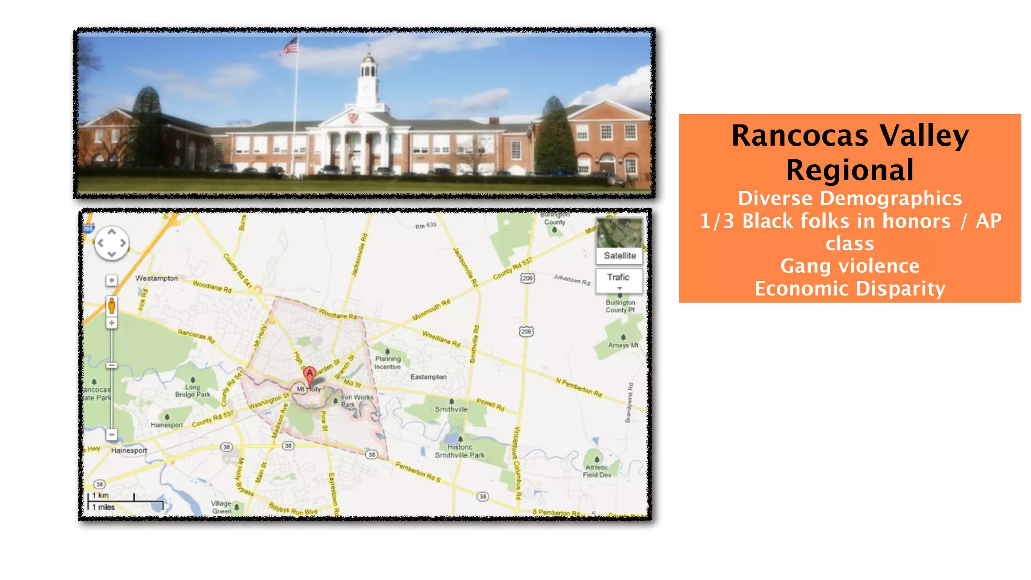 Rancocas Valley
      Regional
   Diverse Demographics
1/3 Black folks in honors / AP
             class
        Gang violence
     Economic Disparity
 