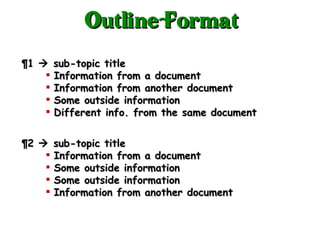¶ 1    sub-topic title Information from a document  Information from another document  Some outside information  Different info. from the same document  ¶ 2    sub-topic title Information from a document  Some outside information  Some outside information  Information from another document  Outline Format 