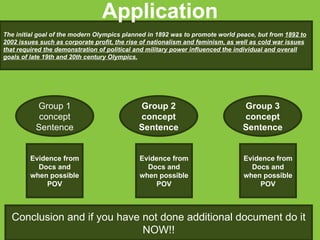 Application The initial goal of the modern Olympics planned in 1892 was to promote world peace, but from  1892 to 2002 issues such as corporate profit, the rise of nationalism and feminism, as well as cold war issues that required the demonstration of political and military power influenced the individual and overall goals of late 19th and 20th century Olympics. Group 1 concept Sentence Group 2 concept Sentence Evidence from Docs and when possible POV Conclusion and if you have not done additional document do it NOW!! Group 3 concept Sentence Evidence from Docs and when possible POV Evidence from Docs and when possible POV 