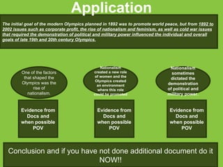 Application The initial goal of the modern Olympics planned in 1892 was to promote world peace, but from  1892 to 2002 issues such as corporate profit, the rise of nationalism and feminism, as well as cold war issues that required the demonstration of political and military power influenced the individual and overall goals of late 19th and 20th century Olympics. One of the factors that shaped the Olympics was the rise of nationalism. Nationalism created a new role of women and the Olympics created an environment where this role could be promoted Evidence from Docs and when possible POV Conclusion and if you have not done additional document do it NOW!! Nationalism sometimes dictated the demonstration of political and military power. Evidence from Docs and when possible POV Evidence from Docs and when possible POV 