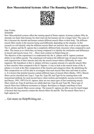 How Muscoskeletal Systems Affect The Running Speed Of Homo...
Juan Vielma
20368480
How Muscoskeletal systems affect the running speed of Homo sapiens Acinonyx jubatus Why do
cheetahs run faster than humans for short intervals but humans run for a longer time? The cause of
this is because the cheetah and human contain different muscle fibers in their body. The different
muscle fiber results in the muscles being used differently depending on the situation. In this
research we will identify what the different muscle fibers are and how they work in each organism.
The A. jubatus and the H. sapiens have completely different body structures when compared to each
other. The reason as to which they are being compared is to identity the similarities and differences
in muscle and muscle tissue. For ... Show more content on Helpwriting.net ...
The objective of the experiment is to understand why the A. jubatus and H. sapiens common
ability to run differs greatly. The experiment will analyze the different type of muscle tissue that
each organism has in their muscles and why the muscle tissues behave differently for each
organism. My hypothesis is that A. jubatus will have a greater amount of a specific muscle fiber
in their muscles when compared to the H. Sapiens. A way to look at the muscle tissue of the A.
jubatus is to look at the fiber composition of the muscles and categorize them. By identifying the
fiber composition we will be able to investigate what each muscle fiber does and what its action
is. It is known that skeletal muscles contain different types of muscle fibers (Burke, 1981). Muscle
fibers can be classified into Type I, Type IIa, Type IIb, and Type IIx by staining them with
monoclonal antibody for each myosin heavy chain isoform and metabolic enzyme activities (Pette
and Staron, 1993, 1997) For H. sapiens, there are two main types of fast contracting muscle
fibers which are Type II and those are subdivided into Type IIa and Type IIb. These type of
muscle fibers have different resistances to fatigue. Resistance to fatigue contributes to how
effectively the muscle fibers access energy. The reason H. sapiens are able to run for much longer
is because their leg muscles contain the muscle fibers IIa and IIb. The IIa muscle fibers have a
high capacity for
... Get more on HelpWriting.net ...
 