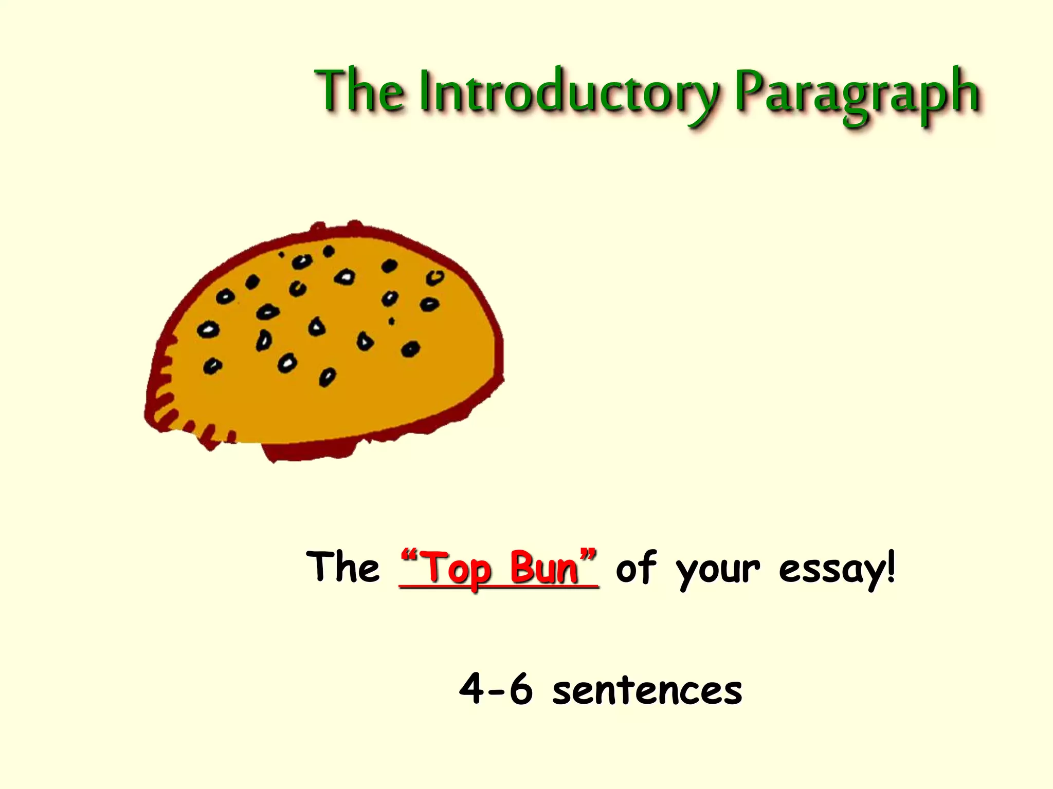 The Introductory Paragraph 
The “Top Bun” of your essay! 
4-6 sentences 
 