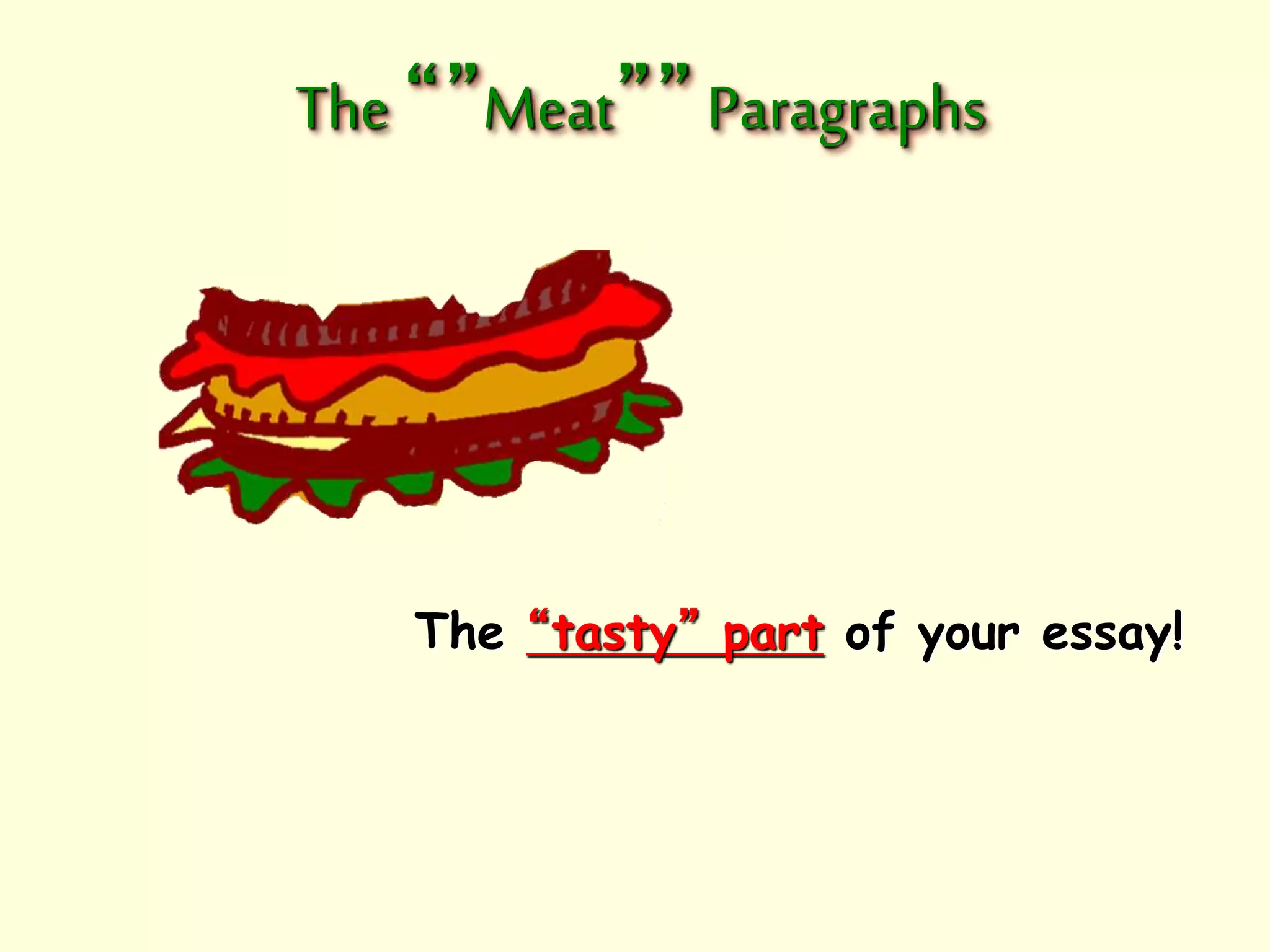 The “”Meat”” Paragraphs 
The “tasty” part of your essay! 
 