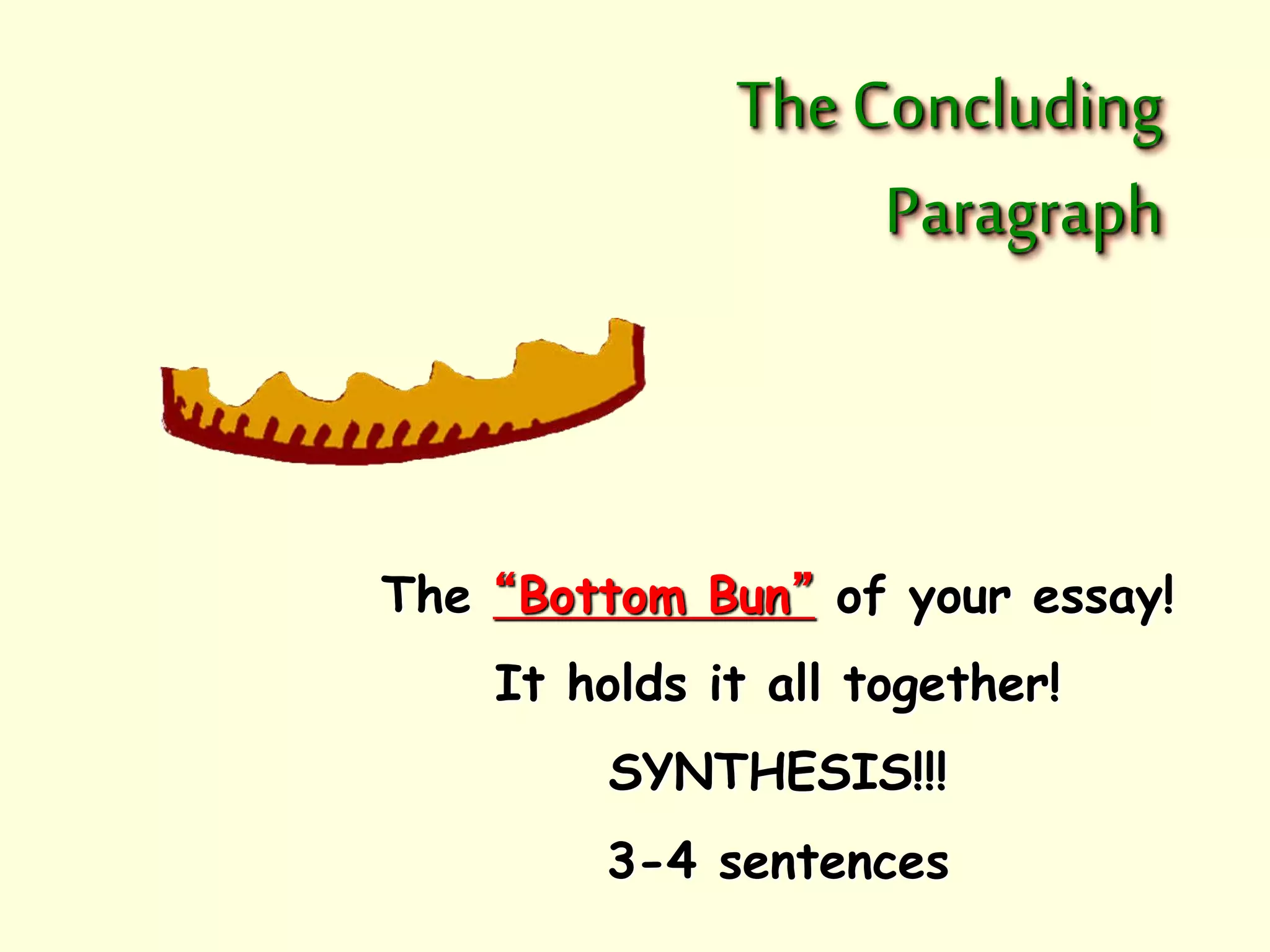 The Concluding 
Paragraph 
The “Bottom Bun” of your essay! 
It holds it all together! 
SYNTHESIS!!! 
3-4 sentences 
 
