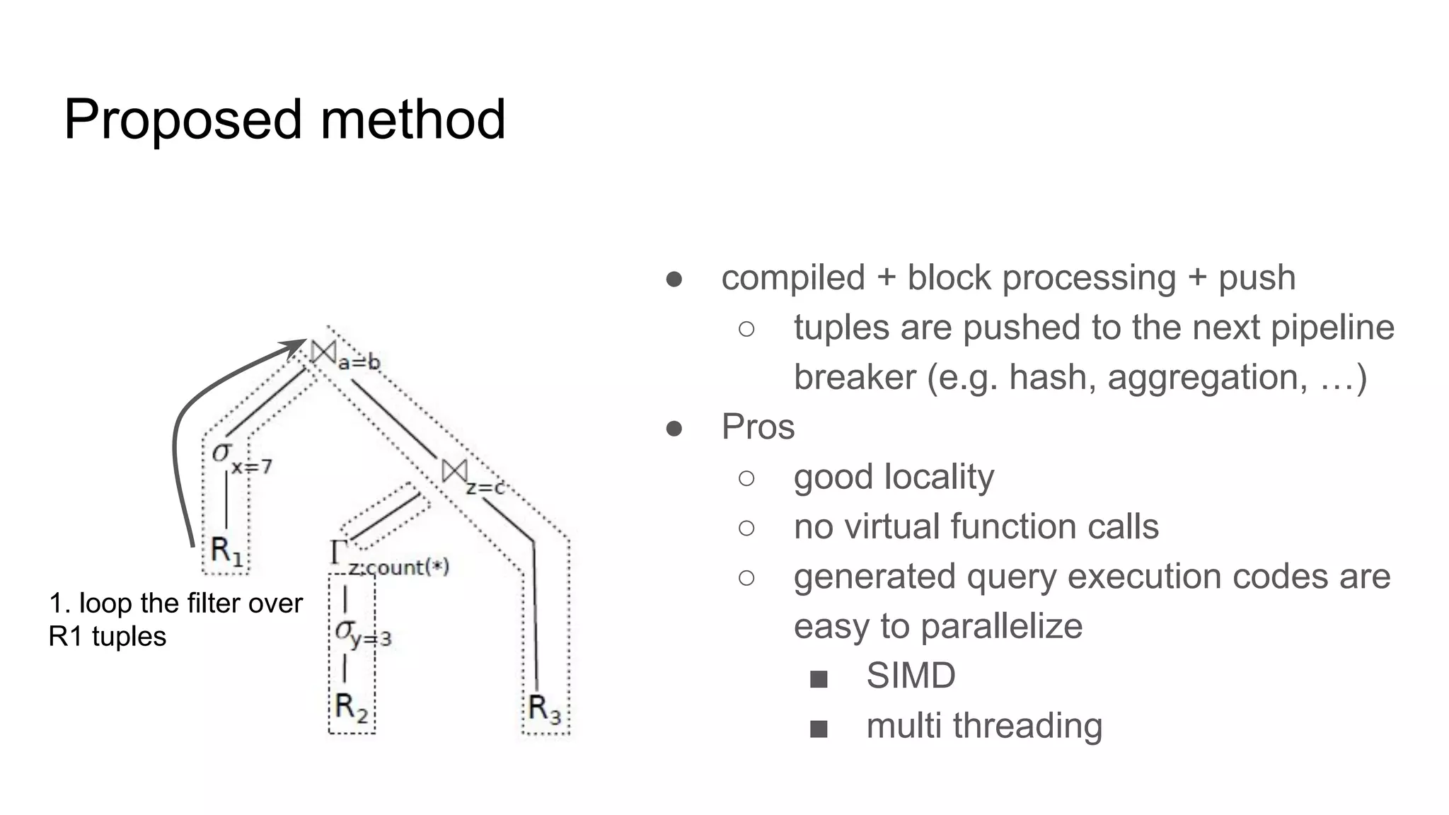 Proposed method
● compiled + block processing + push
○ tuples are pushed to the next pipeline
breaker (e.g. hash, aggregation, …)
● Pros
○ good locality
○ no virtual function calls
○ generated query execution codes are
easy to parallelize
■ SIMD
■ multi threading
1. loop the filter over
R1 tuples
 