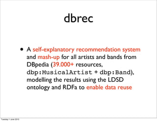 dbrec

                      • A self-explanatory recommendation system
                        and mash-up for all artists and bands from
                        DBpedia (39.000+ resources,
                        dbp:MusicalArtist + dbp:Band),
                        modelling the results using the LDSD
                        ontology and RDFa to enable data reuse



Tuesday 1 June 2010
 
