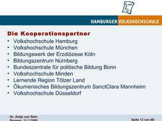 Die Kooperationspartner Volkshochschule Hamburg Volkshochschule München  Bildungswerk der Erzdiözese Köln Bildungszentrum Nürnberg Bundeszentrale für politische Bildung Bonn Volkshochschule Minden Lernende Region Tölzer Land Ökumenisches Bildungszentrum SanctClara Mannheim Volkshochschule Düsseldorf 