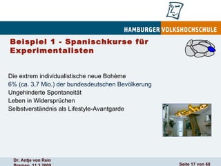 Beispiel 1 - Spanischkurse für  Experimentalisten Die extrem individualistische neue Bohème 6% (ca. 3,7 Mio.) der bundesdeutschen Bevölkerung Ungehinderte Spontaneität Leben in Widersprüchen Selbstverständnis als Lifestyle-Avantgarde 