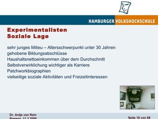 Experimentalisten Soziale Lage sehr junges Milieu – Altersschwerpunkt unter 30 Jahren gehobene Bildungsabschlüsse Haushaltsnettoeinkommen über dem Durchschnitt Selbstverwirklichung wichtiger als Karriere Patchworkbiographien vielseitige soziale Aktivitäten und Freizeitinteressen 