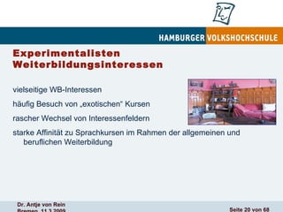 Experimentalisten  Weiterbildungsinteressen vielseitige WB-Interessen häufig Besuch von „exotischen“ Kursen rascher Wechsel von Interessenfeldern starke Affinität zu Sprachkursen im Rahmen der allgemeinen und beruflichen Weiterbildung 