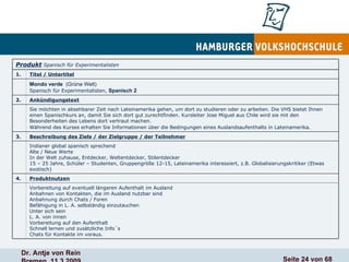 Vorbereitung auf eventuell längeren Aufenthalt im Ausland Anbahnen von Kontakten, die im Ausland nutzbar sind Anbahnung durch Chats / Foren Befähigung in L. A. selbständig einzutauchen Unter sich sein L. A. von innen Vorbereitung auf den Aufenthalt Schnell lernen und zusätzliche Info´s Chats für Kontakte im voraus. Produktnutzen 4. Indianer global spanisch sprechend Alte / Neue Werte In der Welt zuhause, Entdecker, Weltentdecker, Stilentdecker 15 – 25 Jahre, Schüler – Studenten, Gruppengröße 12-15, Lateinamerika interessiert, z.B. Globalisierungskritiker (Etwas exotisch) Beschreibung des Ziels / der Zielgruppe / der Teilnehmer 3. Sie möchten in absehbarer Zeit nach Lateinamerika gehen, um dort zu studieren oder zu arbeiten. Die VHS bietet Ihnen einen Spanischkurs an, damit Sie sich dort gut zurechtfinden. Kursleiter Jose Miguel aus Chile wird sie mit den Besonderheiten des Lebens dort vertraut machen.  Während des Kurses erhalten Sie Informationen über die Bedingungen eines Auslandsaufenthalts in Lateinamerika.   Ankündigungstext 2. Mondo verde   (Grüne Welt) Spanisch für Experimentalisten,  Spanisch 2 Titel / Untertitel 1. Produkt  Spanisch für Experimentalisten 