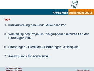 TOP Kurzvorstellung des Sinus-Milieuansatzes Vorstellung des Projektes: Zielgruppenansatzarbeit an der Hamburger VHS  Erfahrungen - Produkte – Erfahrungen: 3 Beispiele Ansatzpunkte für Weiterarbeit 
