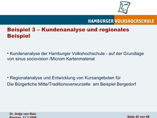 Beispiel 3 – Kundenanalyse und regionales Beispiel Kundenanalyse der Hamburger Volkshochschule - auf der Grundlage von sinus sociovision /Microm Kartenmaterial Regionalanalyse und Entwicklung von Kursangeboten für  Die Bürgerliche Mitte/Traditionsverwurzelte  am Beispiel Bergedorf 