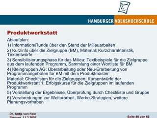 Produktwerkstatt  Ablaufplan: 1) Information/Runde über den Stand der Milieuarbeiten 2) Kurzinfo über die Zielgruppe (BM), Material: Kurzcharakteristik, Textentwürfe  3) Sensibilisierungsphase für das Milieu: Textbeispiele für die Zielgruppe aus dem laufenden Programm, Sammlung einer Wortliste für BM  4) Kleingruppen AG: Überarbeitung oder Neu-Erarbeitung von Programmangeboten für BM mit dem Produktmaster Material: Checklisten für die Zielgruppen, Kursentwürfe der Produktwerkstatt 1, Erfolgskurse für die Zielgruppen im laufenden Programm 5) Vorstellung der Ergebnisse, Überprüfung durch Checkliste und Gruppe  6) Verabredungen zur Weiterarbeit, Werbe-Strategien, weitere Planungsvorhaben  