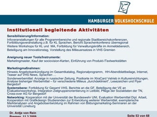 Institutionell begleitende Aktivitäten  Sensibilisierung/Information:        Infoveranstaltungen für alle Programmbereiche und regionale Stadtbereichskonferenzen, Fortbildungsveranstaltung z.B. für KL Sprachen, Bericht Sprachenkonferenz überregional Weitere Workshops für KL und  MA, Fortbildung für Verwaltungskräfte im Anmeldebereich, Beteiligung am Innovationstag, Vorstellung des Milieuansatzes in VHS Gremien Aneignung neuer Tools/Instrumente:    Marketingmaster, Kauf der sociovision-Karten, Einführung von Produkt-/Textwerkstätten Marketingmaßnahmen: Hinweis Angebotsankündigung im Gesamtkatalog, Regionalprogramm,  HH-Abendblattbeilage, Internet, Teaser auf VHS News, Sprachen … Sonderwerbemittel: Anzeige in russischer Zeitung, Postkarte im XtraCard Vetrieb in Kultureinrichtungen, Analyse bisheriger Werbemittel – für verschiedene Milieus „durchdekliniert“, Lesezeichen und Flyer Bergedorf        Systemebene:  Fortbildung für Gesamt VHS, Berichte an die GF, Beteiligung der VE an Evaluationsworkshop, Integration Zielgruppenorientierung in Leitbild, Pflege der Sozialdaten der TN, Cross-over AG für Bergedorf Networking:  Kooperation mit der Universität der Bundeswehr UNI, Evaluation Werbemittel Dipl. Arbeit,  Kooperation mit Grafikdesign Studierenden zur Entwicklung weiterer Werbemittel, exemplarische Marktanalysen und Angebotsentwicklung im Rahmen von Bildungsmarketing-Seminaren an der Universität Lüneburg 