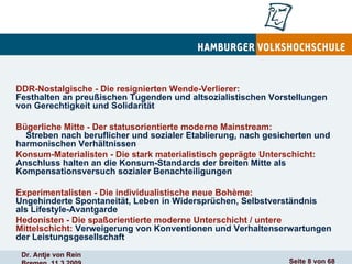 DDR-Nostalgische - Die resignierten Wende-Verlierer: Festhalten an preußischen Tugenden und altsozialistischen Vorstellungen von Gerechtigkeit und Solidarität   Bügerliche Mitte - Der statusorientierte moderne Mainstream:   Streben nach beruflicher und sozialer Etablierung, nach gesicherten und harmonischen Verhältnissen   Konsum-Materialisten - Die stark materialistisch geprägte Unterschicht:  Anschluss halten an die Konsum-Standards der breiten Mitte als Kompensationsversuch sozialer Benachteiligungen Experimentalisten - Die individualistische neue Bohème: Ungehinderte Spontaneität, Leben in Widersprüchen, Selbstverständnis als Lifestyle-Avantgarde Hedonisten - Die spaßorientierte moderne Unterschicht / untere Mittelschicht:  Verweigerung von Konventionen und Verhaltenserwartungen der Leistungsgesellschaft   
