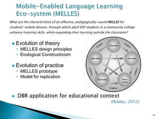 What are the characteristics of an effective, pedagogically-sound MELLES for
students’ mobile devices, through which adult ESP students in a community college
enhance listening skills, while expanding their learning outside the classroom?


  Evolution       of theory
     • MELLES design principles
     • Ecological Constructivism

  Evolution       of practice
     • MELLES prototype
     • Model for replication



    DBR application for educational context
                                                                   (Palalas, 2012)


                                                                                     14
 