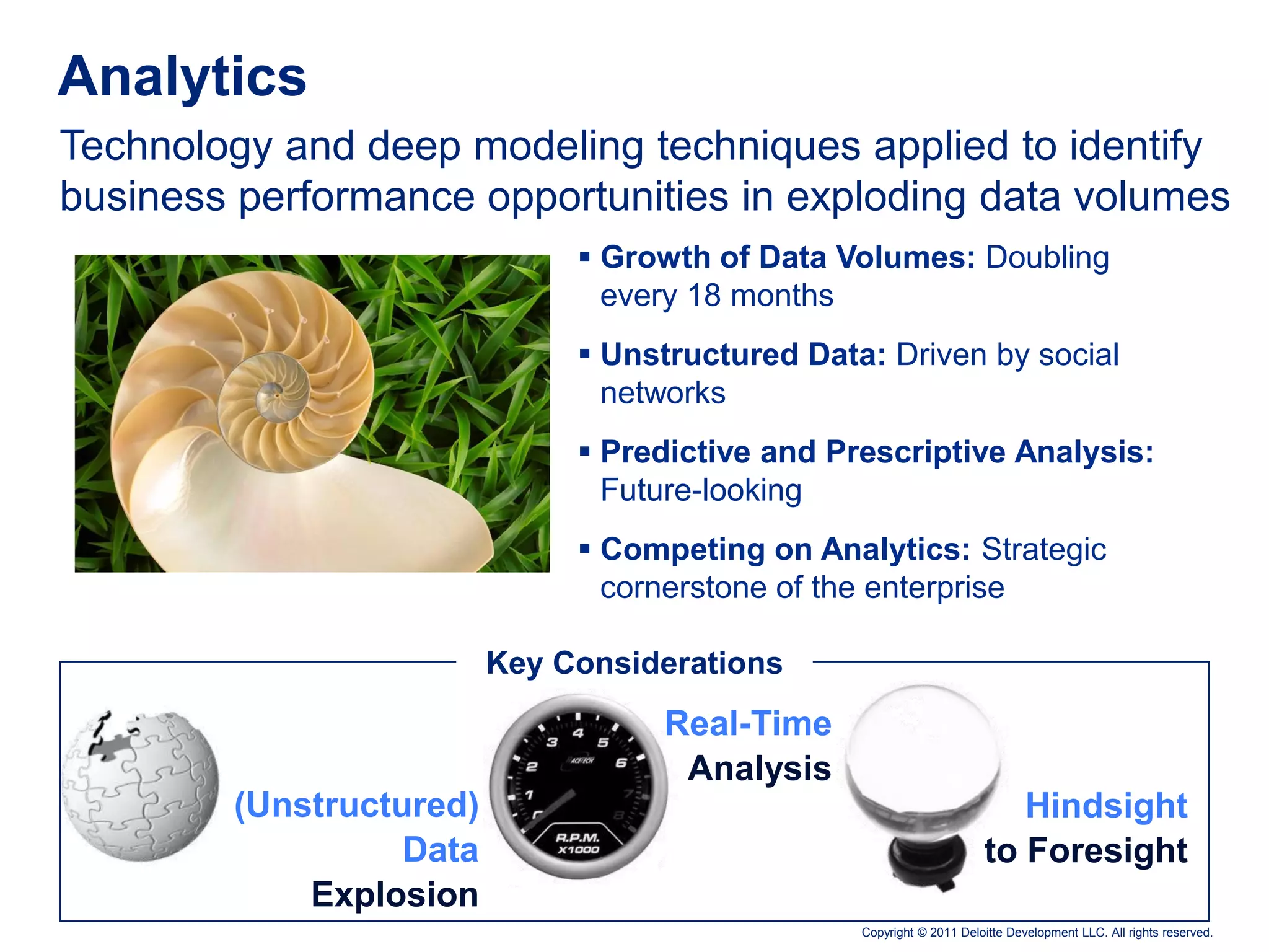 Analytics
Technology and deep modeling techniques applied to identify
business performance opportunities in exploding data volumes
                               Growth of Data Volumes: Doubling
                                every 18 months
                               Unstructured Data: Driven by social
                                networks
                               Predictive and Prescriptive Analysis:
                                Future-looking
                               Competing on Analytics: Strategic
                                cornerstone of the enterprise

                         Key Considerations
                                   Real-Time
                                    Analysis
        (Unstructured)                                                   Hindsight
                  Data                                                to Foresight
            Explosion
                                                 Copyright © 2011 Deloitte Development LLC. All rights reserved.
 